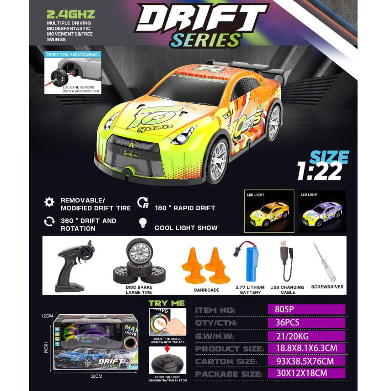805P 1/22 4WD Drift Jaune - Voiture RC électrique, caractéristiques