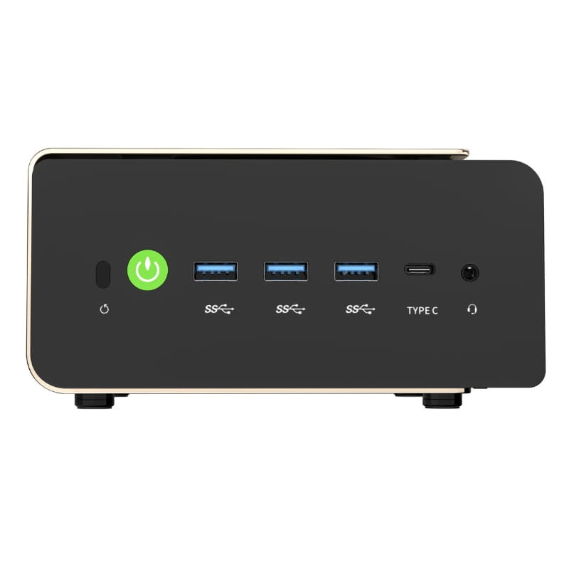 Frontal del mini PC GMKtec EVO-T1 en negro con botón de encendido verde, 3 puertos USB 3.0, 1 USB-C, jack de audio y chasis compacto con bordes dorados