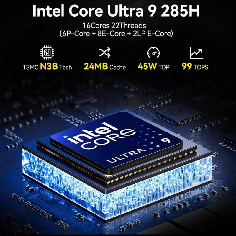 Chip Intel Core Ultra 9 285H destacado sobre placa; 16 núcleos y 22 hilos, 24 MB de caché, 45W TDP, 99 TOPS, tecnología TSMC N3B iluminada en azul