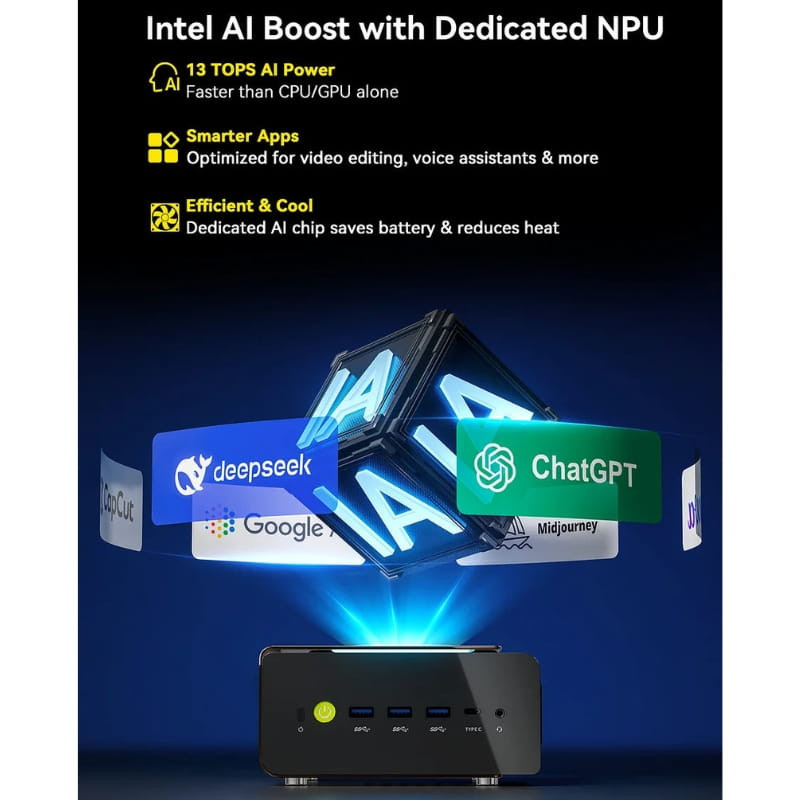 Mini PC GMKtec EVO-T1 compacto con frontal negro brillante, 4 puertos USB azules, jack y botón de encendido; destaca IA, NPU y apps como ChatGPT y Google