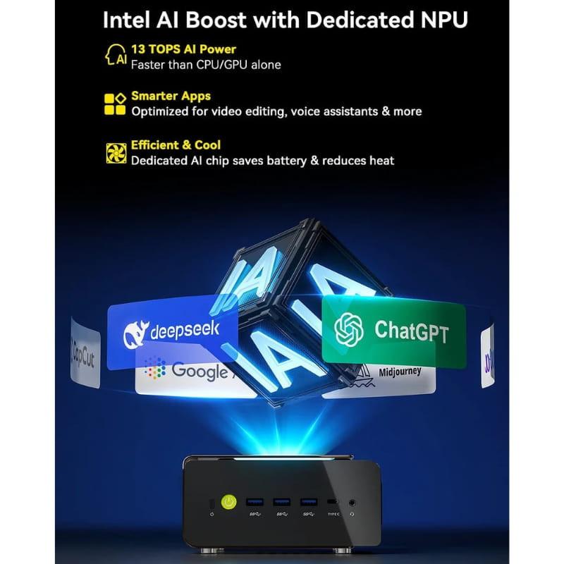 Mini PC GMKtec EVO-T1 compacto con frontal negro brillante, 4 puertos USB azules, jack y botón de encendido; destaca IA, NPU y apps como ChatGPT y Google