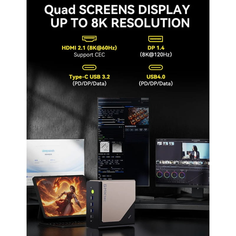 Mini PC GMKtec EVO-T1 compacto en negro y dorado con puertos frontales USB-C y USB-A, LEDs azules; soporta 4 pantallas hasta 8K vía HDMI 2.1 y DP 1.4