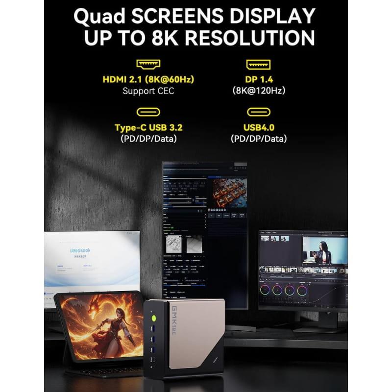 Mini PC GMKtec EVO-T1 compacto en negro y dorado con puertos frontales USB-C y USB-A, LEDs azules; soporta 4 pantallas hasta 8K vía HDMI 2.1 y DP 1.4