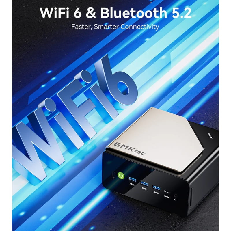GMKtec EVO-T1 Mini PC con frontal iluminado, puertos USB y audio visibles, chasis compacto bicolor y promoción de WiFi 6 y Bluetooth 5.2 en el fondo