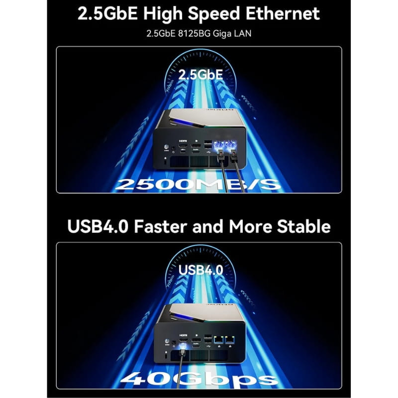 GMKtec EVO-T1 Mini PC con puertos 2.5GbE duales, USB4 40 Gbps, múltiples USB y HDMI. Diseño compacto negro con LEDs y ventilación frontal.