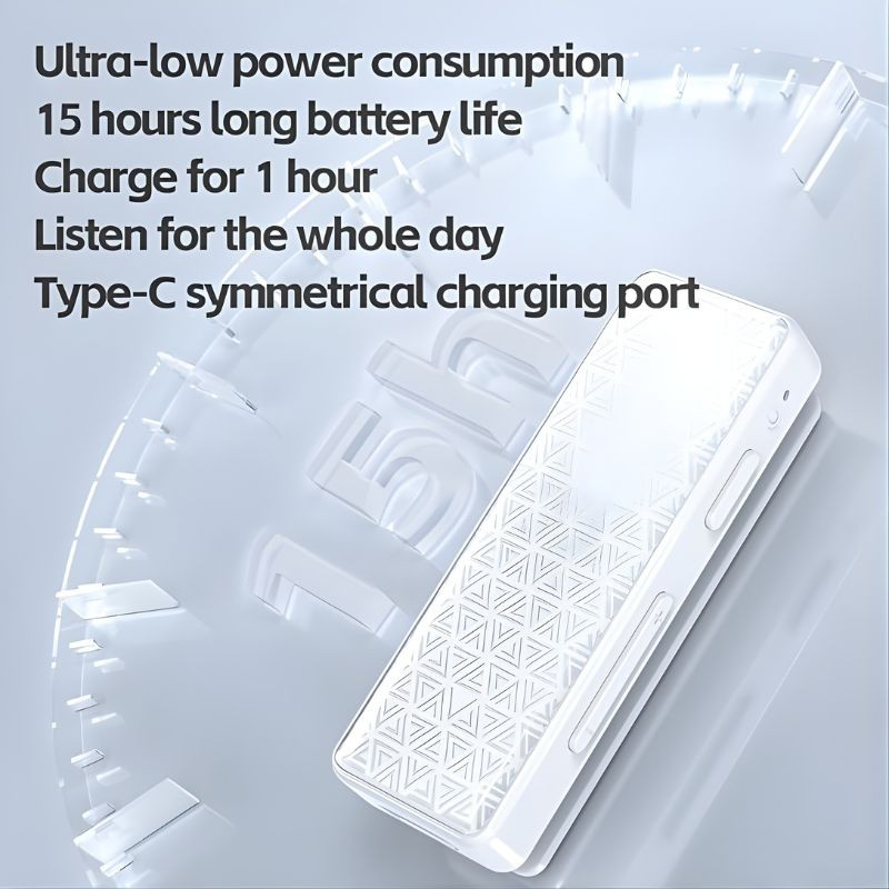 FiiO BTR11 - Amplificador/DAC Bluetooth en blanco, compacto, con patrón geométrico, botones laterales y puerto USB-C; promete 15 h de batería.