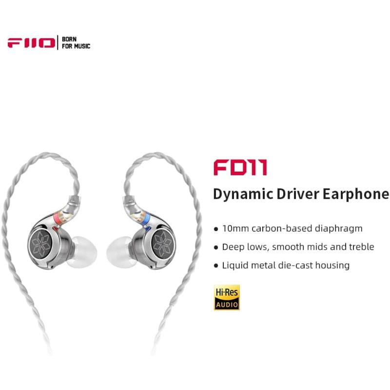 FiiO FD11 Plata - Auriculares Hi-Res en aleación de zinc plateada, carcasa pulida, boquilla metálica y copas con emblema de copo de nieve, estilo premium.