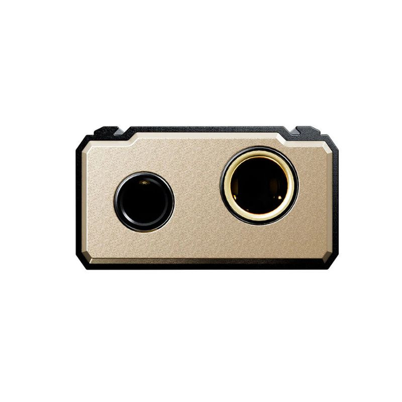 FiiO KA5 - Amplificador / DAC portátil Negro: módulo rectangular dorado y negro con ventana central, bordes angulados y acabado metálico premium.