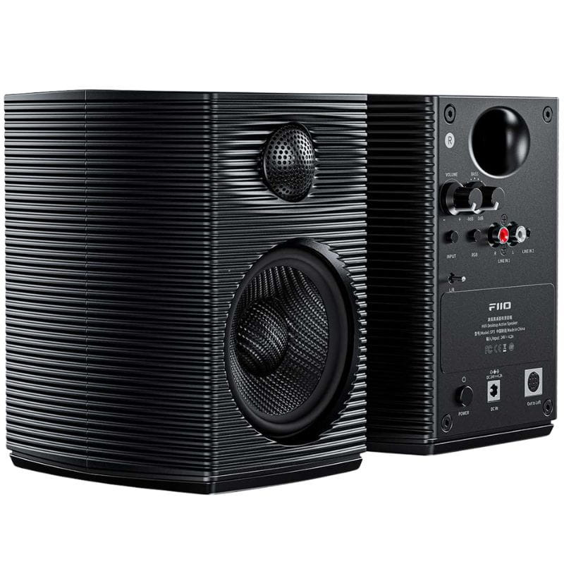 FiiO SP3 80W Negro: par de altavoces activos compactos con panel estriado, woofer y tweeter frontales, controles y conexiones traseros para audio versátil