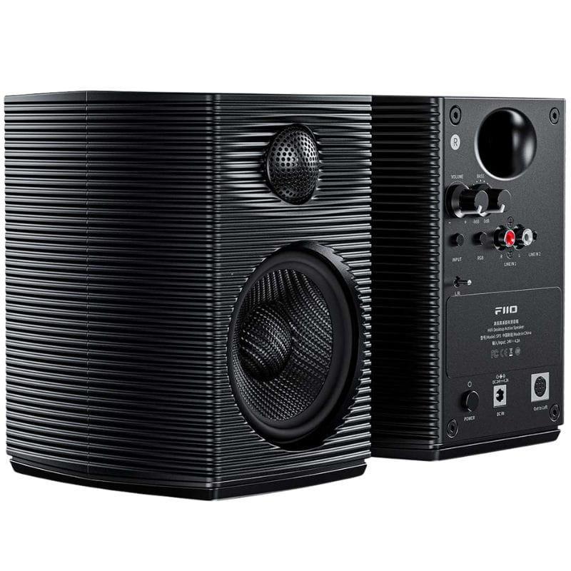 FiiO SP3 80W Negro: par de altavoces activos compactos con panel estriado, woofer y tweeter frontales, controles y conexiones traseros para audio versátil