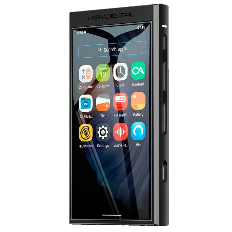 Reproductor Hi-Res negro con pantalla táctil, botones laterales de volumen y encendido, ranuras y bordes rectos; interfaz con apps y 32GB de almacenamiento.