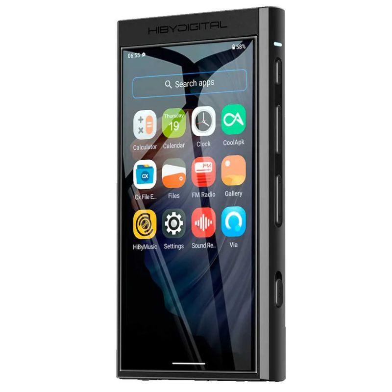 Reproductor Hi-Res negro con pantalla táctil, botones laterales de volumen y encendido, ranuras y bordes rectos; interfaz con apps y 32GB de almacenamiento.