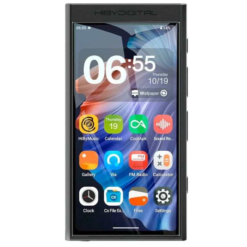 HiBy Digital M300 32 Go noir : lecteur Hi-Res avec grand écran tactile, bords anguleux, boutons latéraux, interface colorée et icônes multimédia.