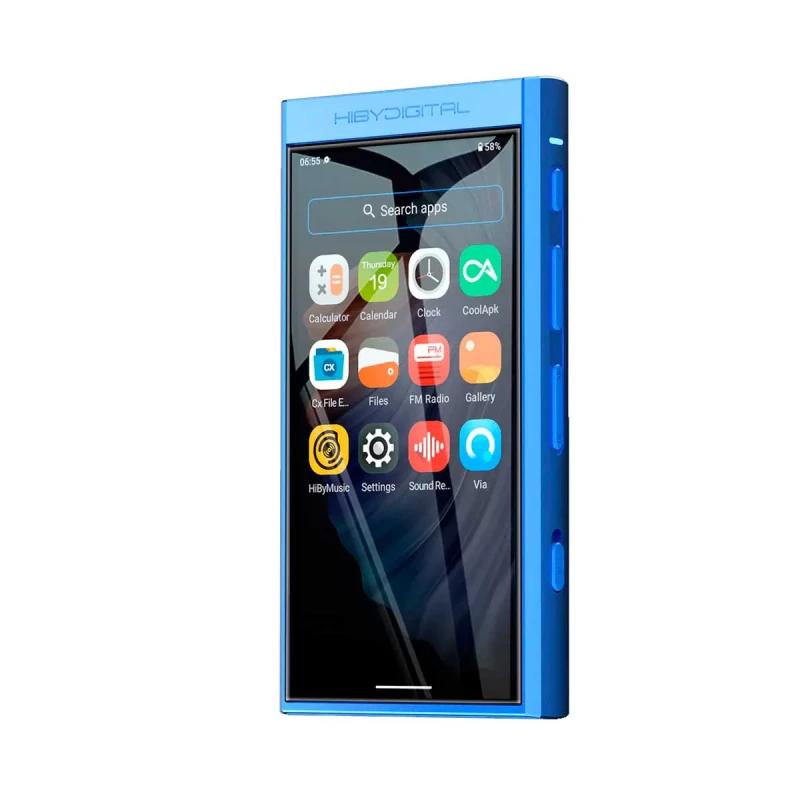 HiBy Digital M300 32GB azul, reproductor Hi‑Res con pantalla táctil, cuerpo metálico, botones laterales, rueda de volumen y bordes rectos elegantes