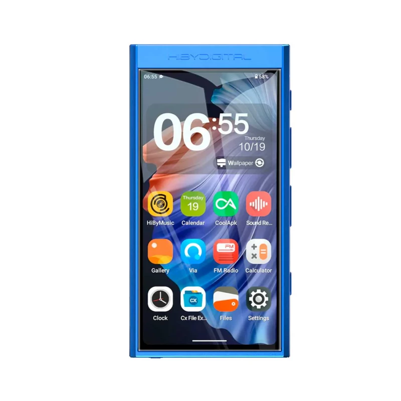 HiBy Digital M300 32GB azul: reproductor Hi‑Res con pantalla táctil, marco metálico azul, botones laterales y apps de música, radio y ajustes en el inicio.