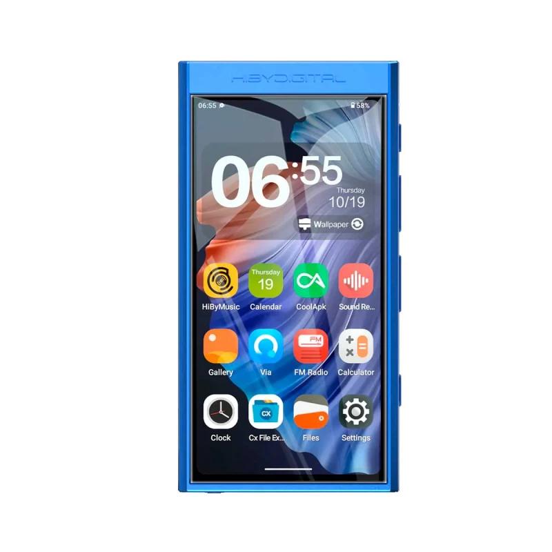 HiBy Digital M300 32GB azul: reproductor Hi‑Res con pantalla táctil, marco metálico azul, botones laterales y apps de música, radio y ajustes en el inicio.