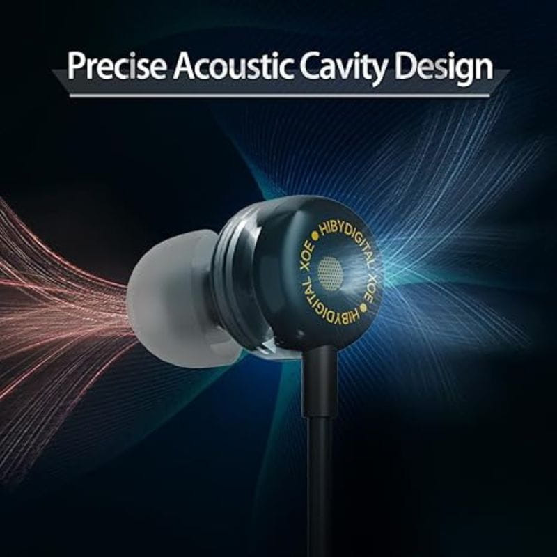 HiBy Digital XOE Écouteurs filaires Noir avec diaphragme carbone type diamant et haut-parleurs dynamiques HiFi 8 mm, design noir élégant et détaillé.
