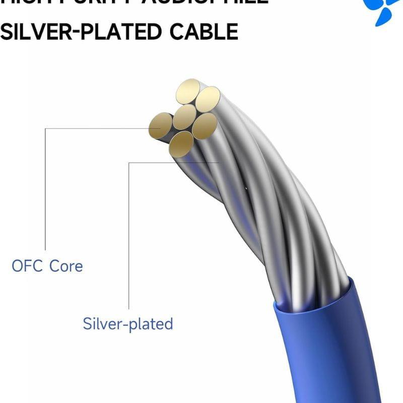 HiBy Digital XOE Écouteurs filaires Noir, embouts silicone gris, coque noire brillante avec accents dorés, câble droit, design intra-auriculaire compact.