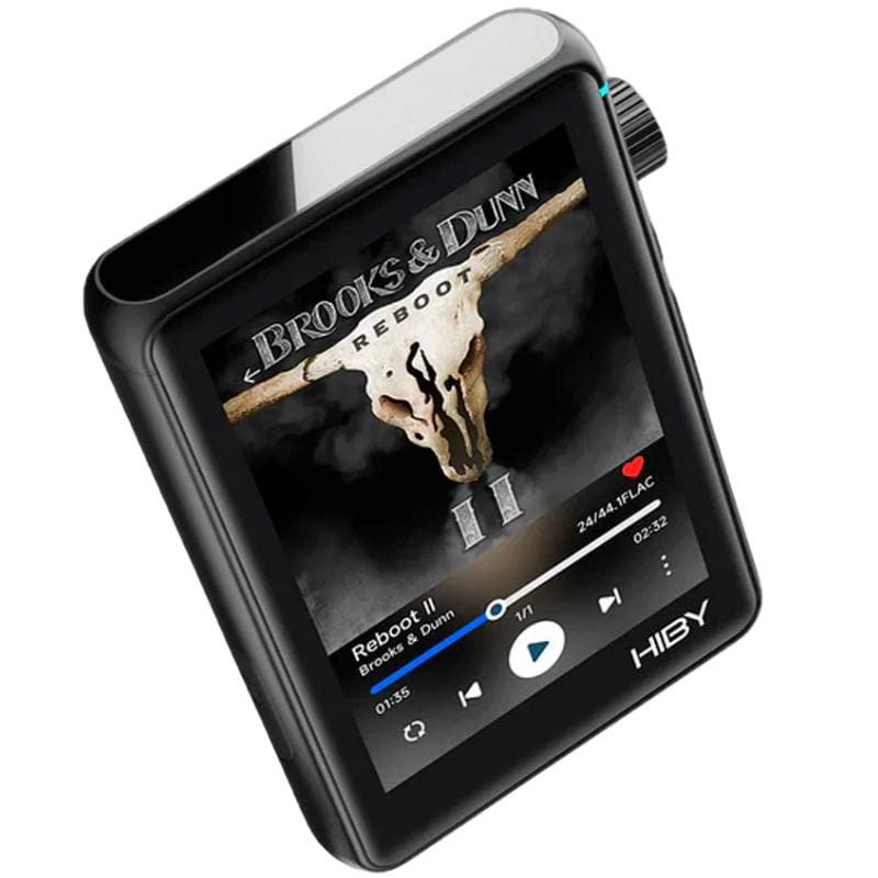 Hiby R3 II 2025 Noir, lecteur audio Hi-Res compact avec écran tactile couleur, molette de volume texturée et afficheur d’album en lecture.