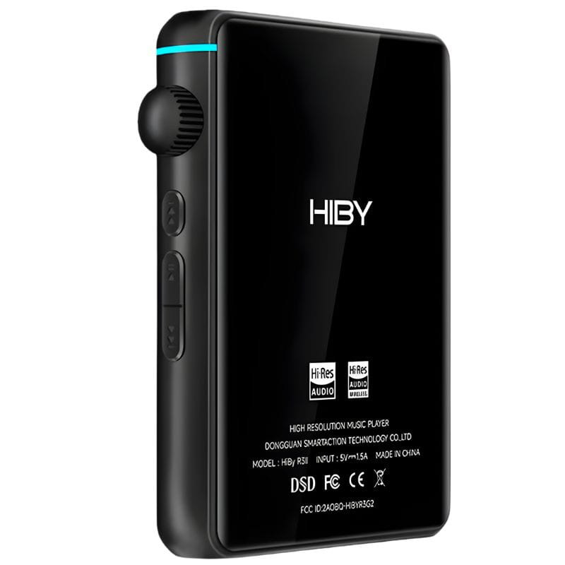 Lecteur audio Hi-Res Hiby R3 II 2025 Noir, dos brillant, boutons latéraux texturés, molette de volume, bord turquoise, logos Hi-Res et DSD au bas.