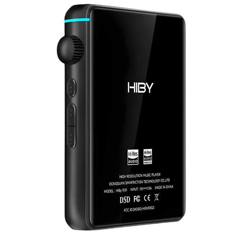 Lecteur audio Hi-Res Hiby R3 II 2025 Noir, dos brillant, boutons latéraux texturés, molette de volume, bord turquoise, logos Hi-Res et DSD au bas.