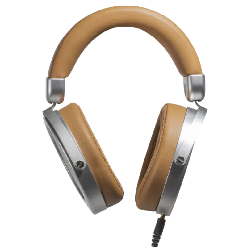 Hifiman Deva auriculares magneto-planares con cable, diadema y almohadillas en cuero marrón, copas plateadas, diseño circumaural de estudio elegante