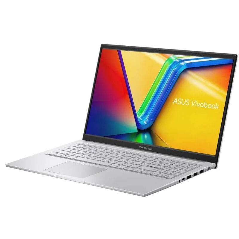 Portátil ASUS Vivobook 15 plateado con pantalla 15.6 Full HD de biseles finos, teclado QWERTY en español y múltiples puertos laterales