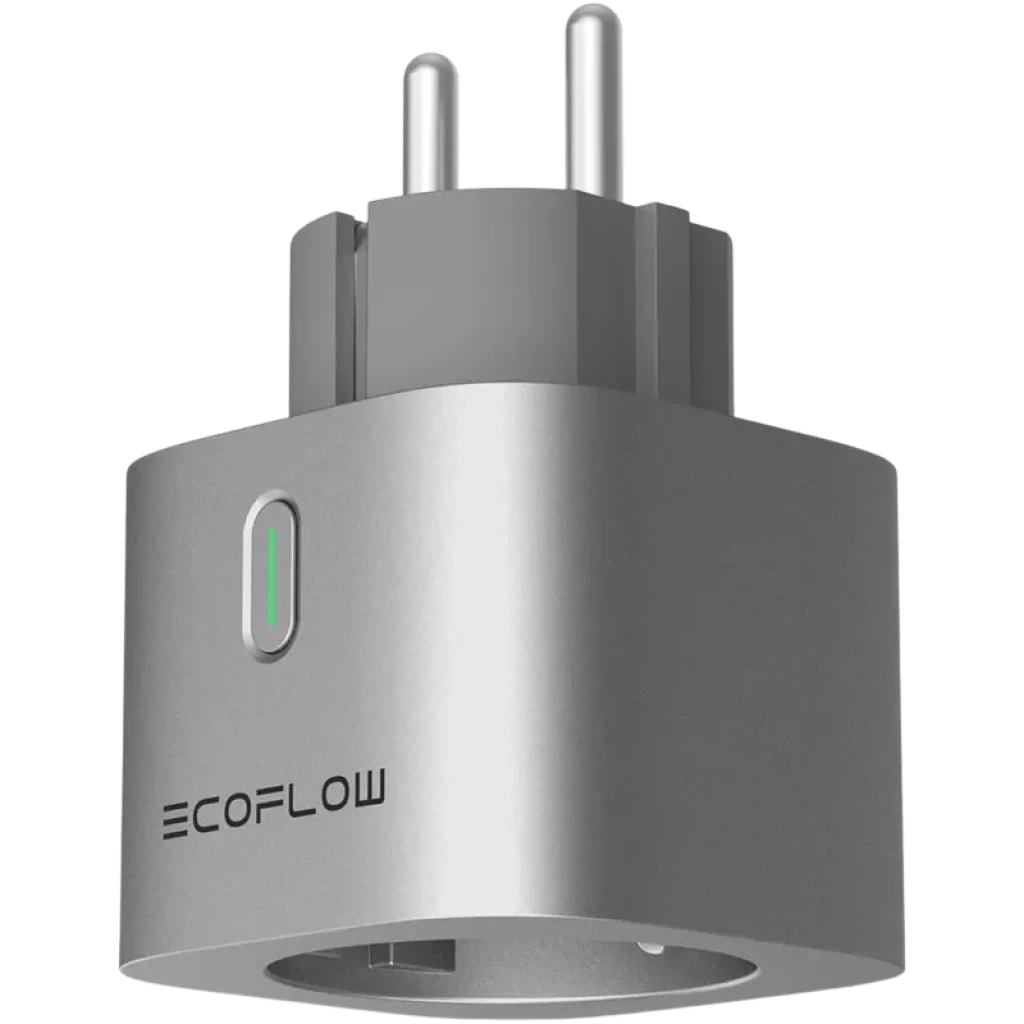EcoFlow Smart Plug – Enchufe inteligente gris con acabado metálico, LED indicador verde, cuerpo compacto y clavija europea tipo Schuko
