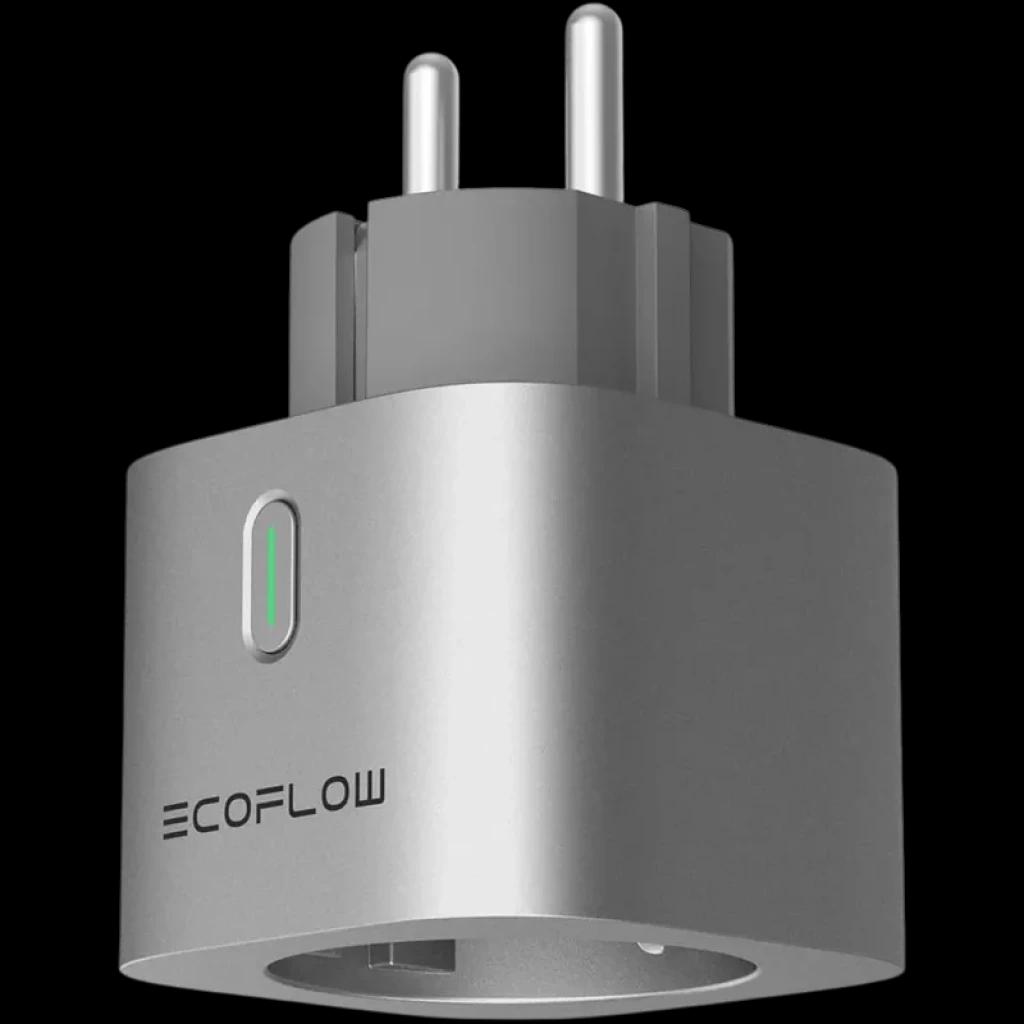 EcoFlow Smart Plug – tomada inteligente cinza com corpo cúbico, LED lateral verde, pinos tipo Schuko e tomada frontal, design compacto e moderno