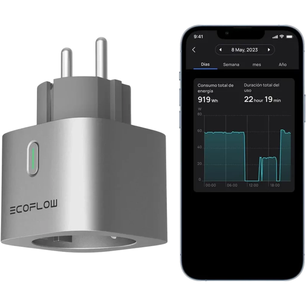 Tomada inteligente EcoFlow cinza com indicador LED e pinos Schuko; app móvel mostra consumo de energia e duração de uso em gráfico detalhado.