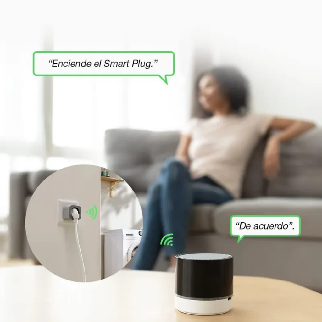 EcoFlow Smart Plug – Tomada inteligente branca ligada à parede, controle por voz e Wi‑Fi, indicador luminoso, cabo conectado a eletrodoméstico