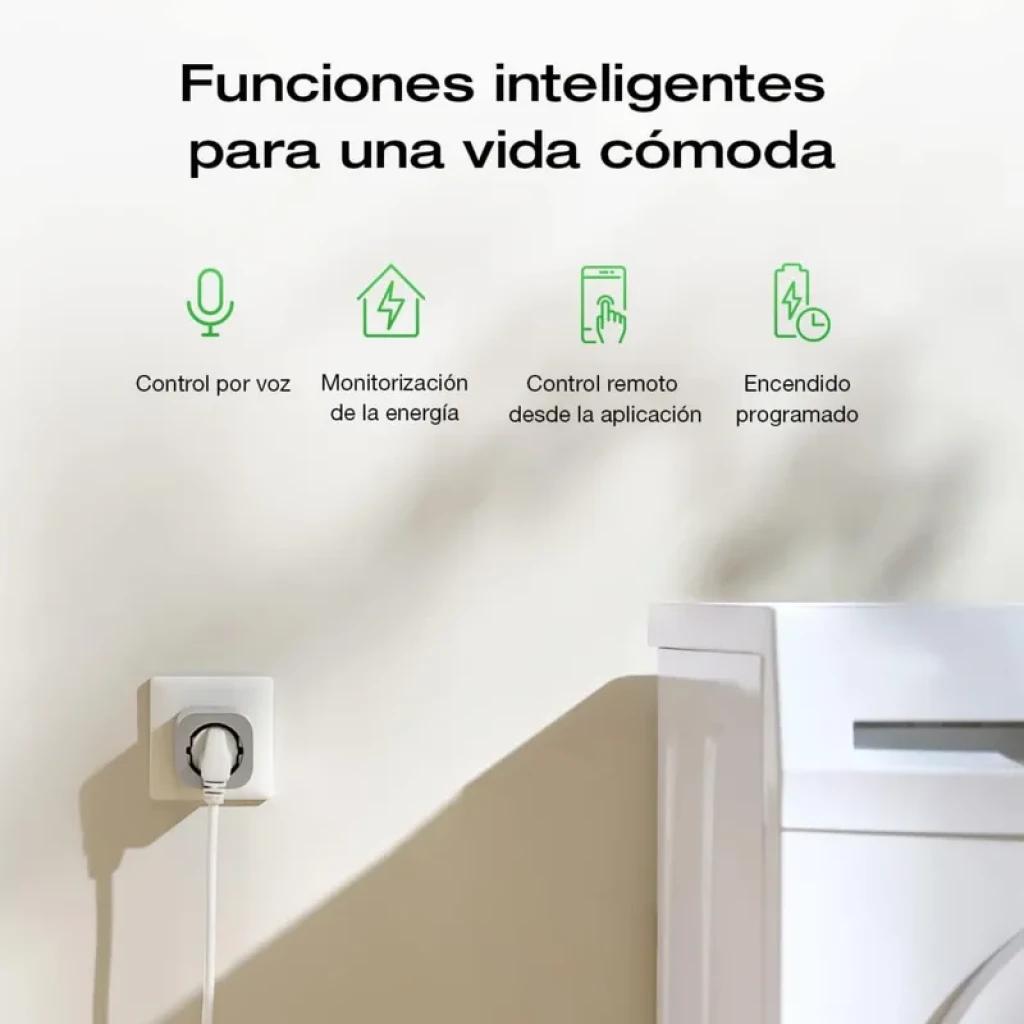 EcoFlow Smart Plug – Tomada inteligente branca na parede, com cabo ligado. Ícones destacam controlo por voz, monitorização de energia, app e agendamento.
