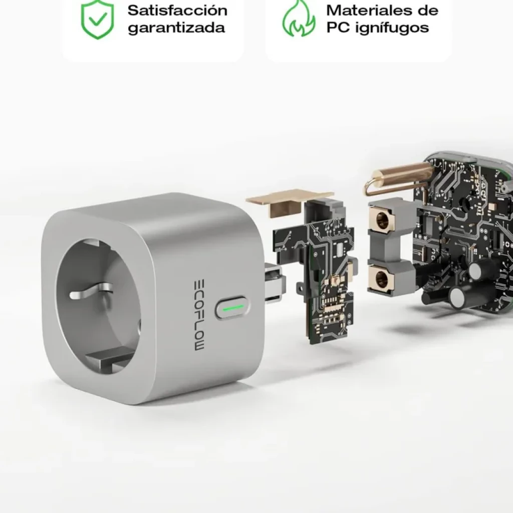 EcoFlow Smart Plug – Tomada inteligente cinza com LED indicador; vista explodida mostra placa eletrónica interna e materiais de PC ignífugos