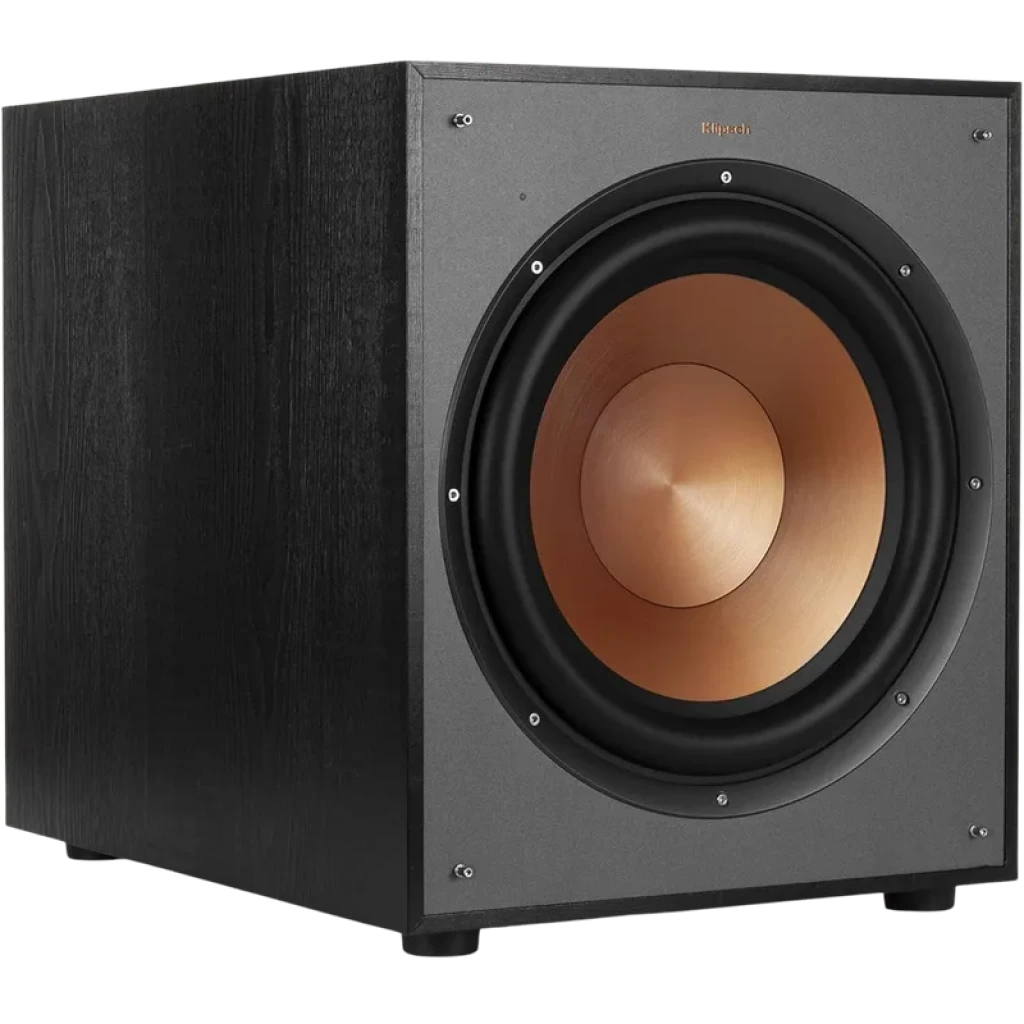 Klipsch R-120SW subwoofer com driver IMG de 12 polegadas em cobre, gabinete preto texturizado e frente cinza, design robusto e moderno de 200 W