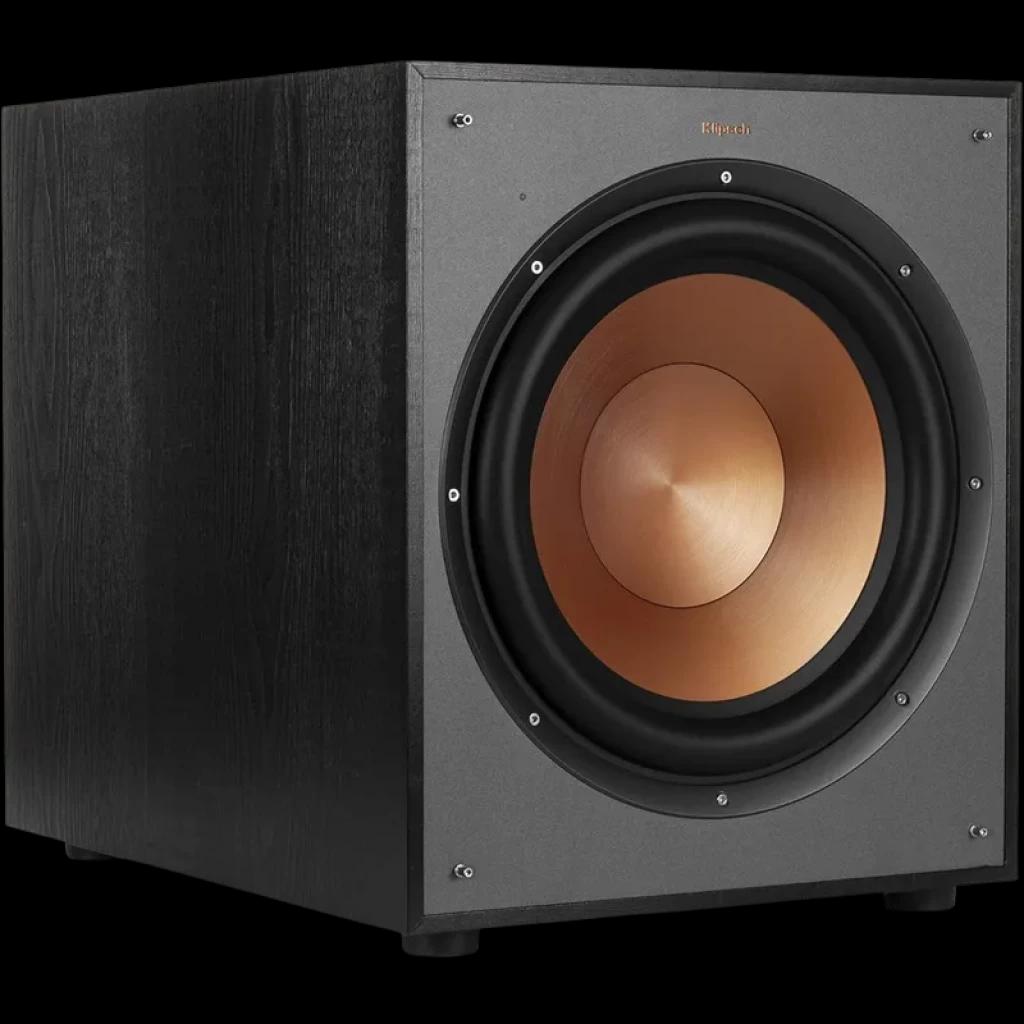 Klipsch R-120SW subwoofer com driver IMG de 12 polegadas em cobre, gabinete preto texturizado e frente cinza, design robusto e moderno de 200 W