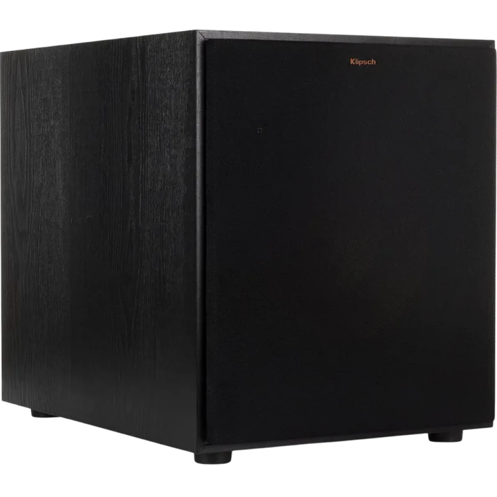 Klipsch R-120SW subwoofer 12 pol 200W gabinete preto com acabamento texturizado, frente em tela acústica e logo cobre, design cúbico robusto para graves