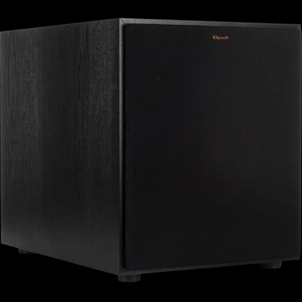 Klipsch R-120SW subwoofer 12 pol 200W gabinete preto com acabamento texturizado, frente em tela acústica e logo cobre, design cúbico robusto para graves