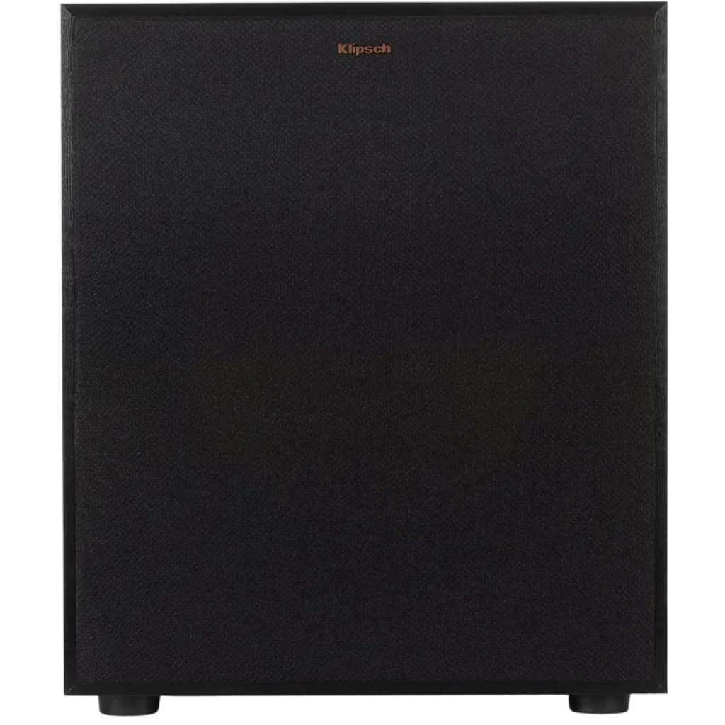 Klipsch R-120SW Subwoofer IMG 12 pol 200W com grade frontal preta, design cúbico minimalista, logotipo dourado no topo e pés discretos