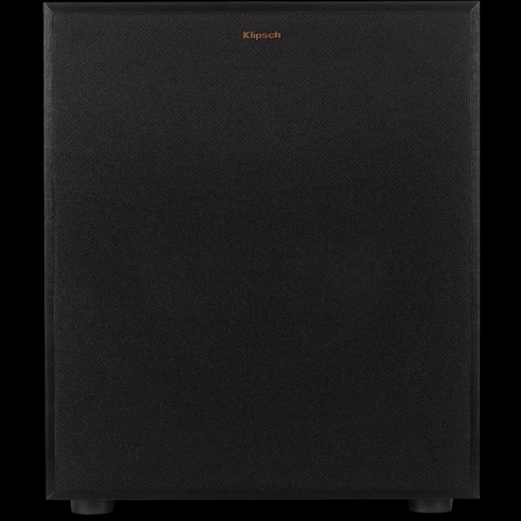 Klipsch R-120SW Subwoofer IMG 12 pol 200W com grade frontal preta, design cúbico minimalista, logotipo dourado no topo e pés discretos