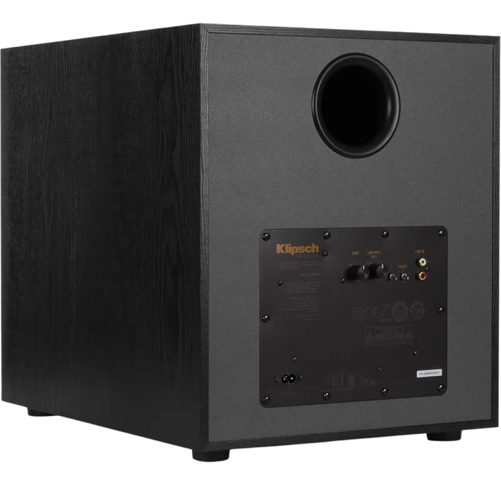 Klipsch R-120SW Subwoofer IMG 12 pol 200W em caixa preta texturizada, porta frontal circular e painel traseiro com conexões RCA, LFE e controles de ganho