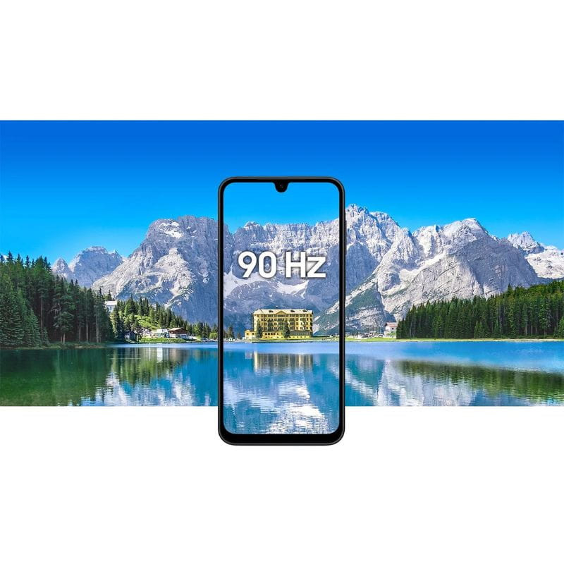 Samsung Galaxy A17 5G cinzento com ecrã 90 Hz sem margens, notch em gota e moldura fina destacando paisagem nítida; design moderno e elegante