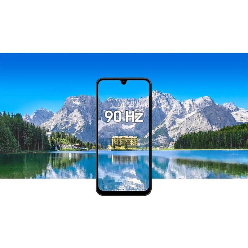 Samsung Galaxy A17 5G cinzento com ecrã 90 Hz sem margens, notch em gota e moldura fina destacando paisagem nítida; design moderno e elegante