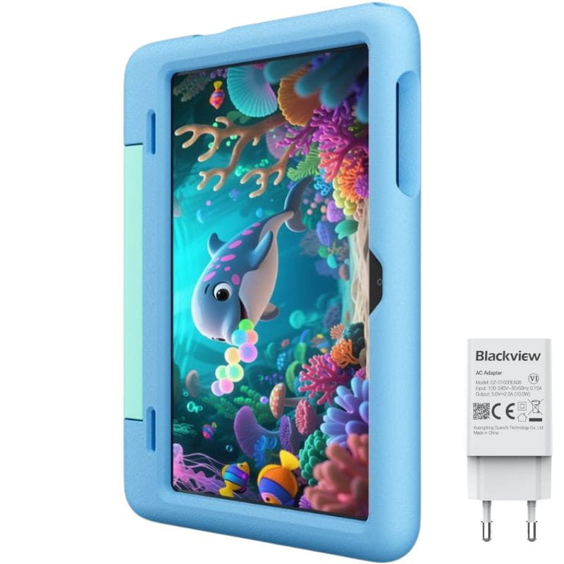 Étui bleu antichoc avec poignée pour tablette Blackview Tab 20 Kids 10,1". Écran affichant dessins animés marins. Chargeur secteur blanc inclus.