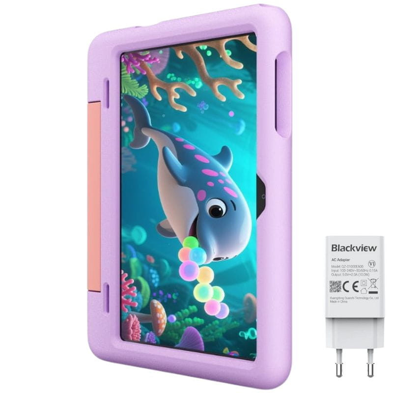 Housse violette antichoc pour tablette enfant, bords épais et poignée latérale; écran affichant un dauphin cartoon. Chargeur secteur Blackview inclus.