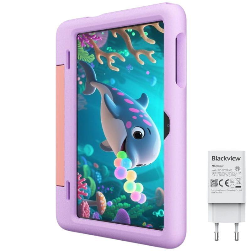 Housse violette antichoc pour tablette enfant, bords épais et poignée latérale; écran affichant un dauphin cartoon. Chargeur secteur Blackview inclus.