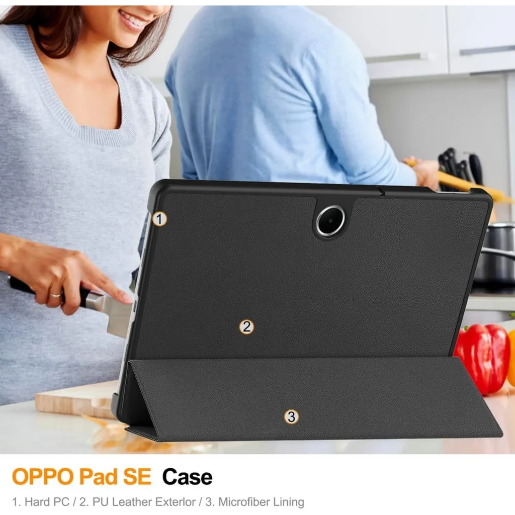 Capa Inteligente Oneplus Pad Lite / Oppo Pad SE com suporte preto, exterior em couro PU, interior de microfibra e traseira rígida, dobra para visualização