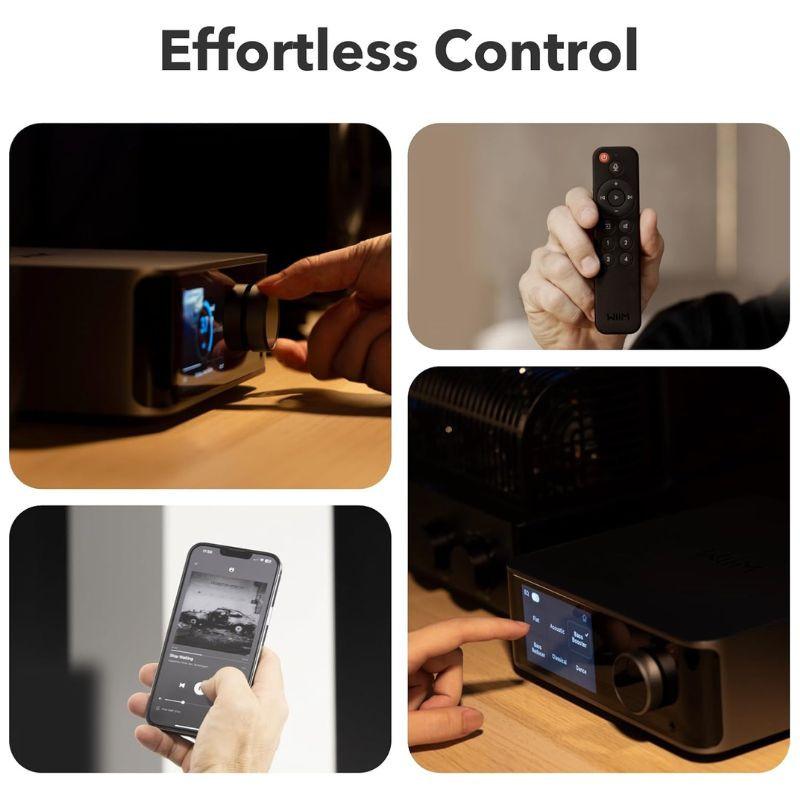 WiiM Ultra - Preamplificador de sonido Gris oscuro, mando a distancia siendo usado