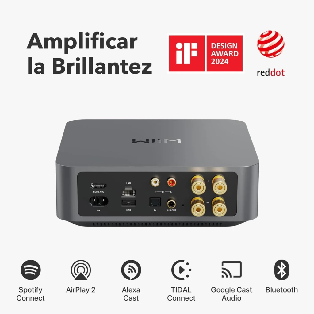WiiM Amp gris oscuro con chasis compacto, perillas y puertos traseros RCA, coaxial, óptico, USB, Ethernet y bornes de altavoz; logos Spotify, AirPlay 2 y más