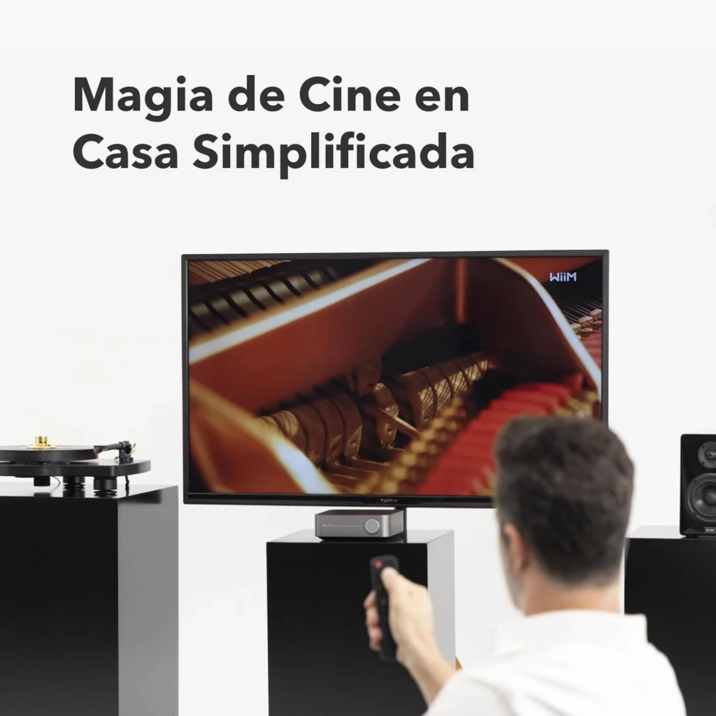 WiiM Amp Amplificador Streaming Estéreo 24 bits/192 kHz Gris Oscuro con perilla frontal, pantalla central y control remoto; compacto y elegante