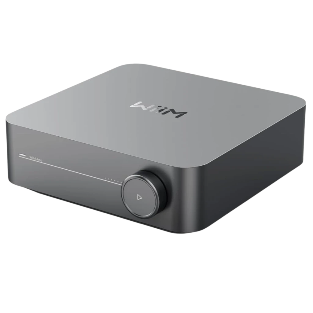 WiiM Amp Amplificador Streaming Estéreo 24 bits/192 kHz en gris oscuro, diseño compacto con perilla frontal grande y barra LED de volumen horizontal